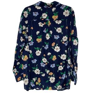 Talbots Plus Navy Floral Cotton Button Down Shirt Women's 3X